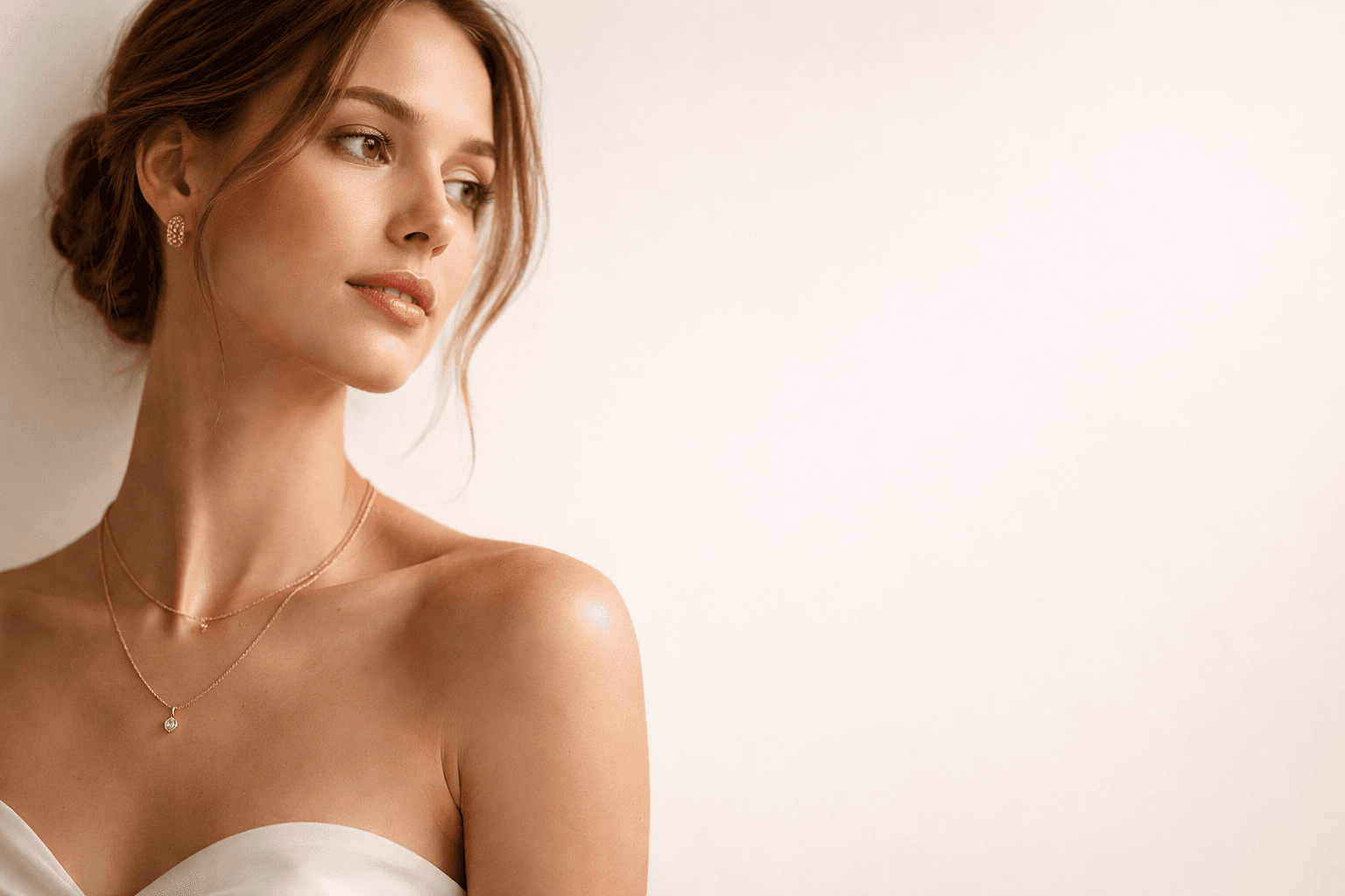 Modelo usando colares delicados em camadas.