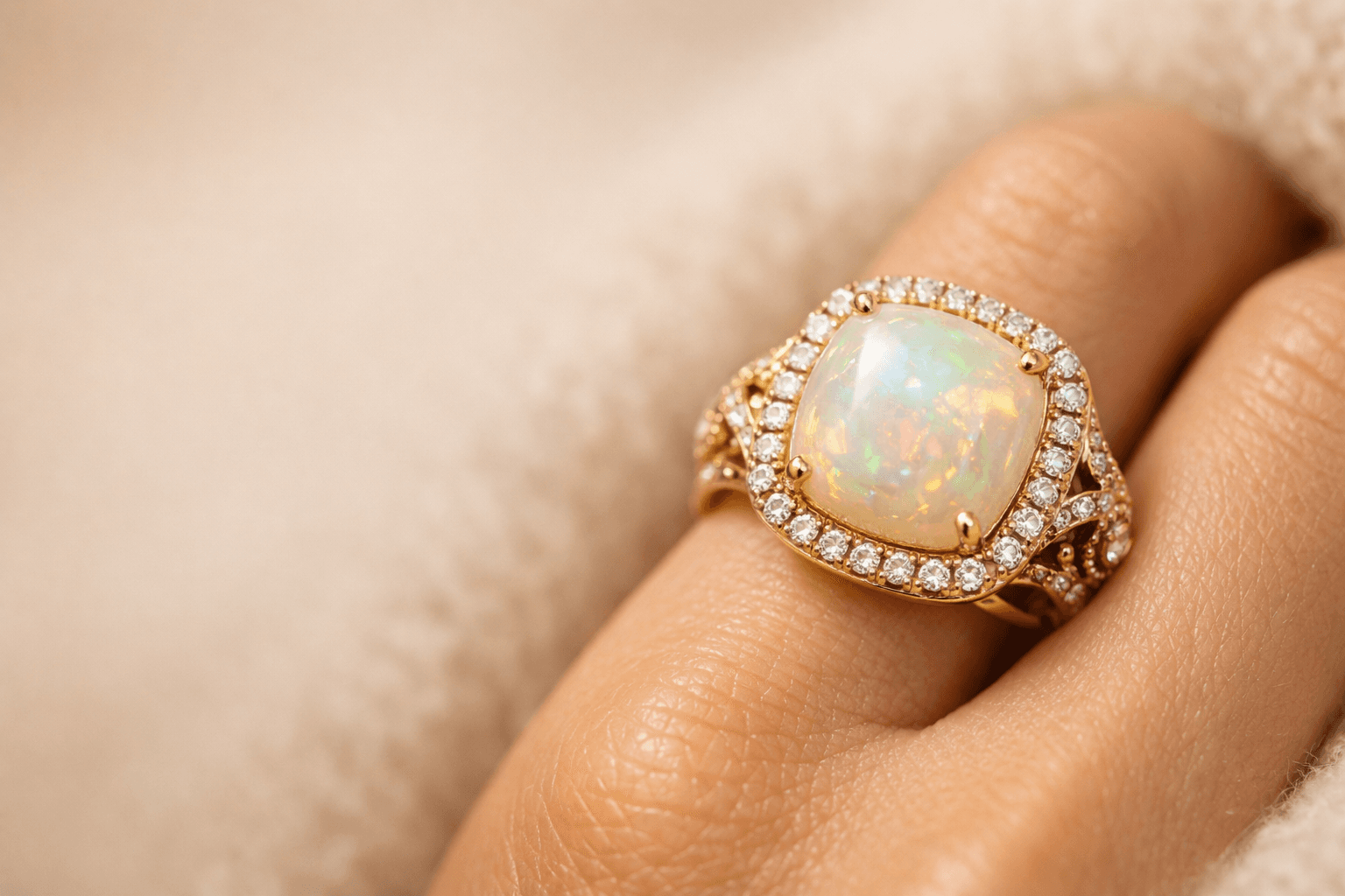 Close de um anel de opala com detalhes em diamante.